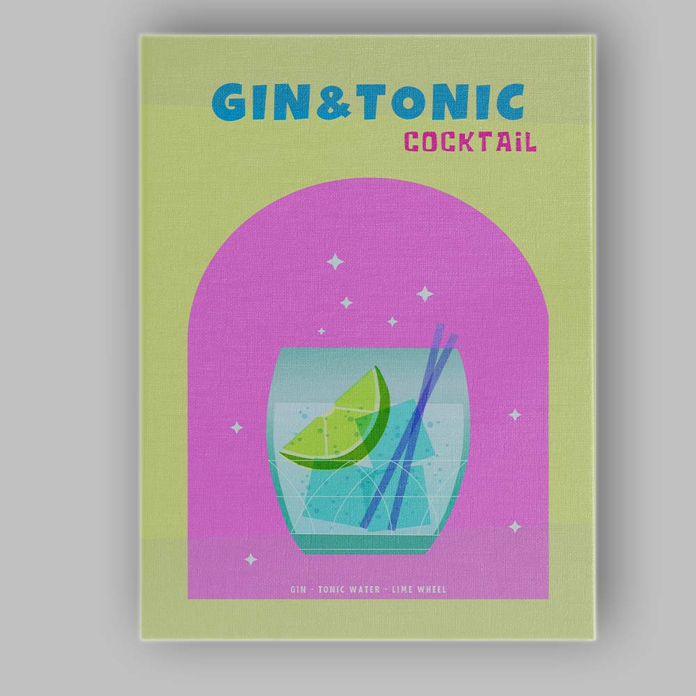 Gin And Tonic Cocktail Lime Highball Drink Illustration Canvas Wall Art Print Decor Picture Ready to Hang