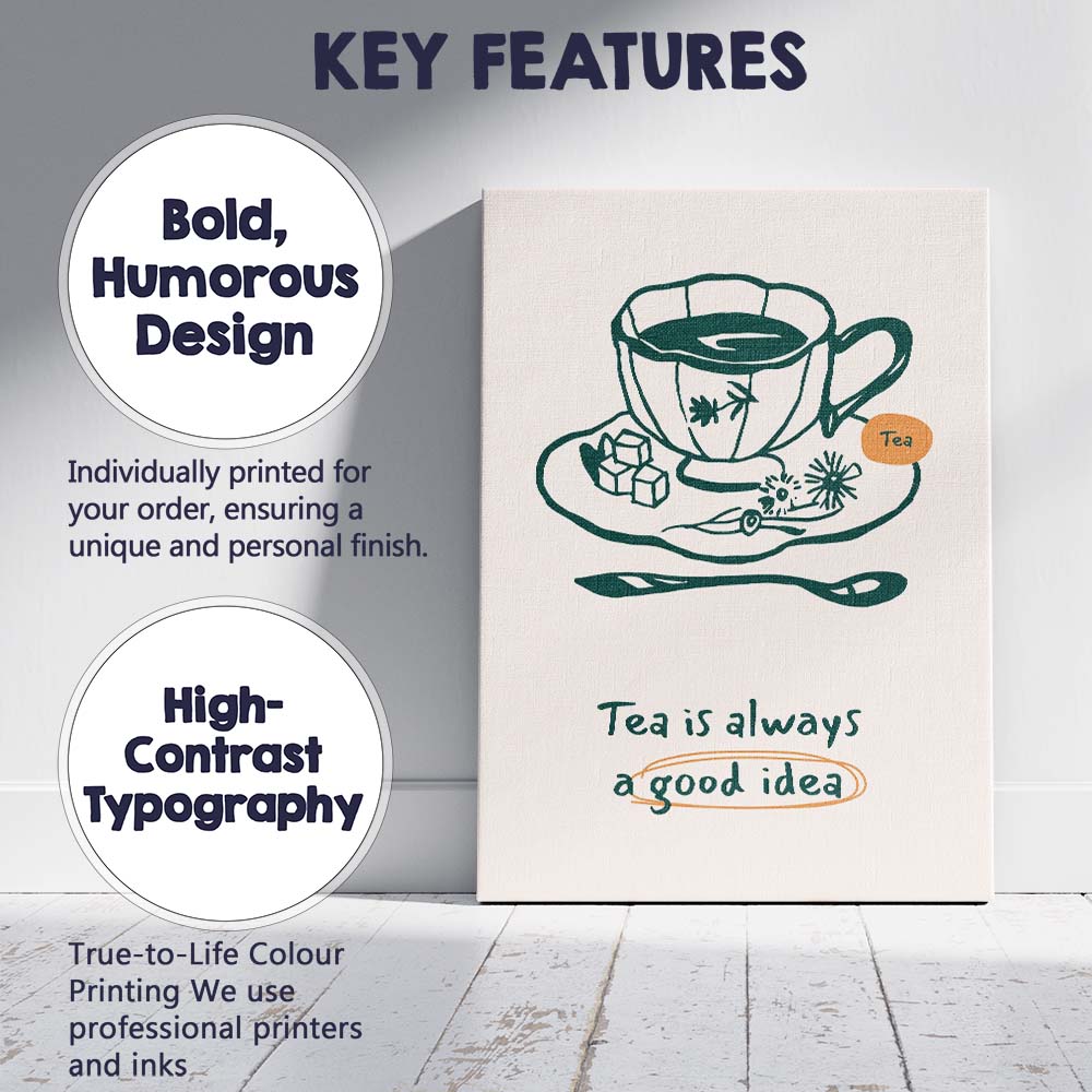 Minimalist Tea Cup Kitchen Quote Line Art Illustration Canvas Wall Art Print Decor Picture Ready to Hang