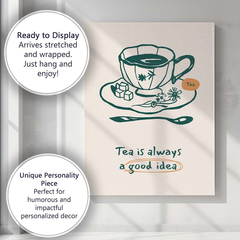 Minimalist Tea Cup Kitchen Quote Line Art Illustration Canvas Wall Art Print Decor Picture Ready to Hang