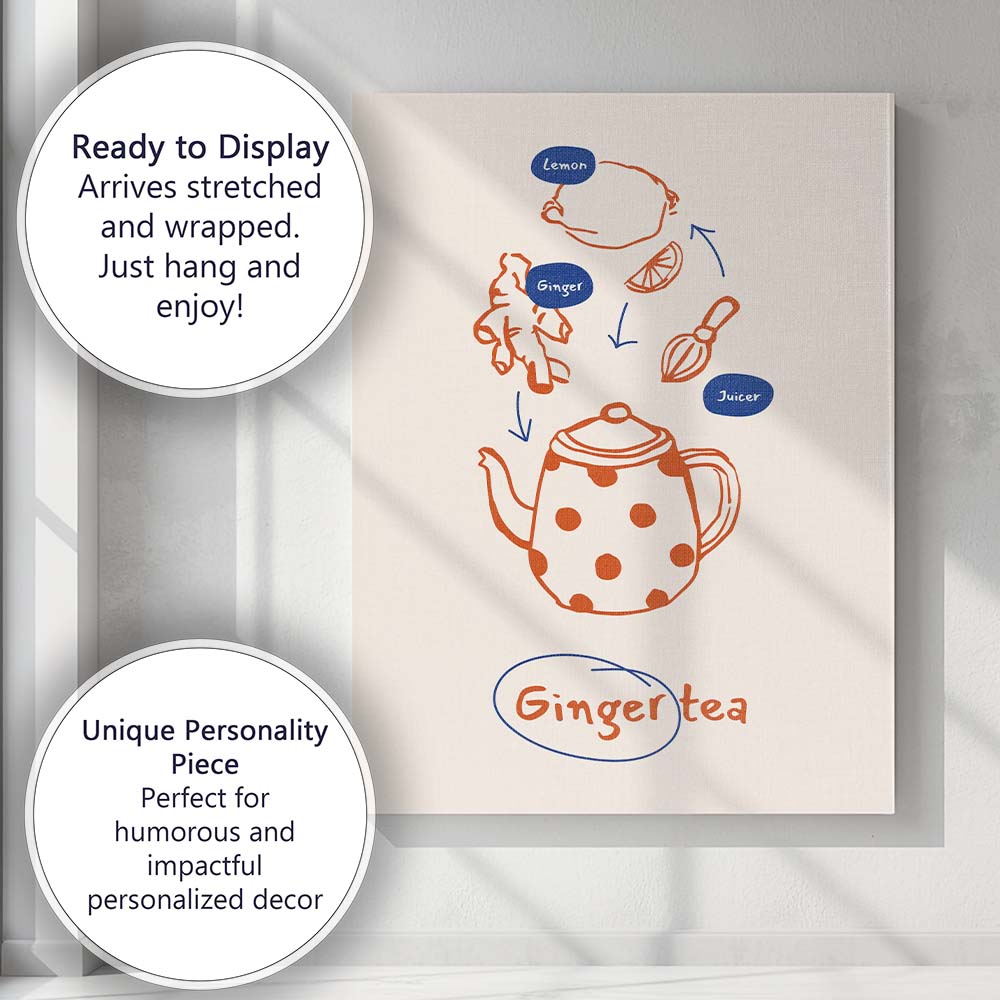 Minimalist Ginger Tea Recipe Kitchen Line Art Illustration Canvas Wall Art Print Decor Picture Ready to Hang