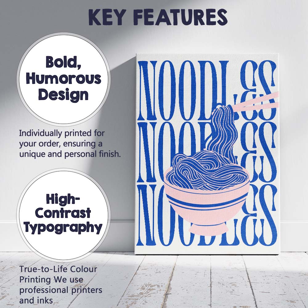 Modern Blue Noodle Bowl Typography Food Illustration Canvas Wall Art Print Decor Picture Ready to Hang