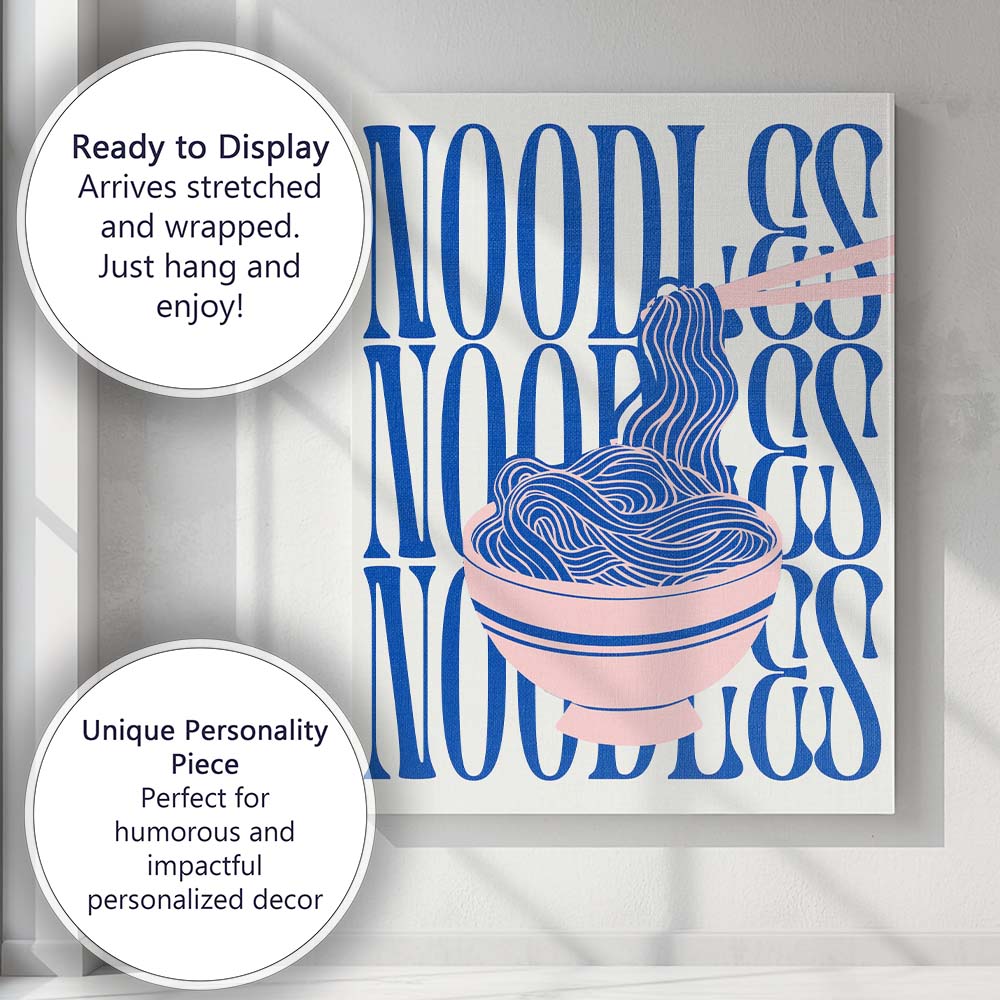 Modern Blue Noodle Bowl Typography Food Illustration Canvas Wall Art Print Decor Picture Ready to Hang