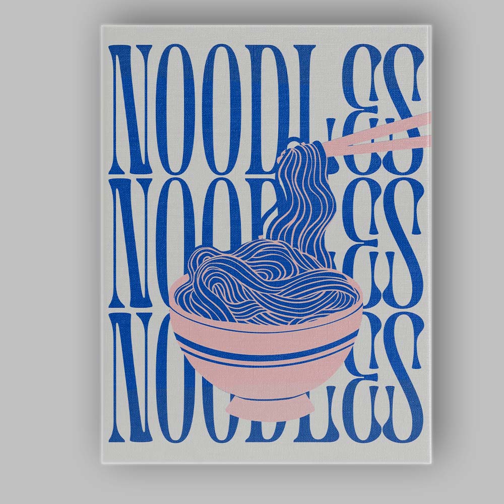 Modern Blue Noodle Bowl Typography Food Illustration Canvas Wall Art Print Decor Picture Ready to Hang