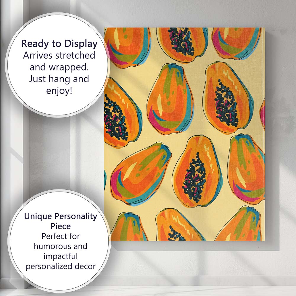 Vibrant Tropical Papaya Fruit Repeat Pattern Canvas Wall Art Print Decor Picture Ready to Hang