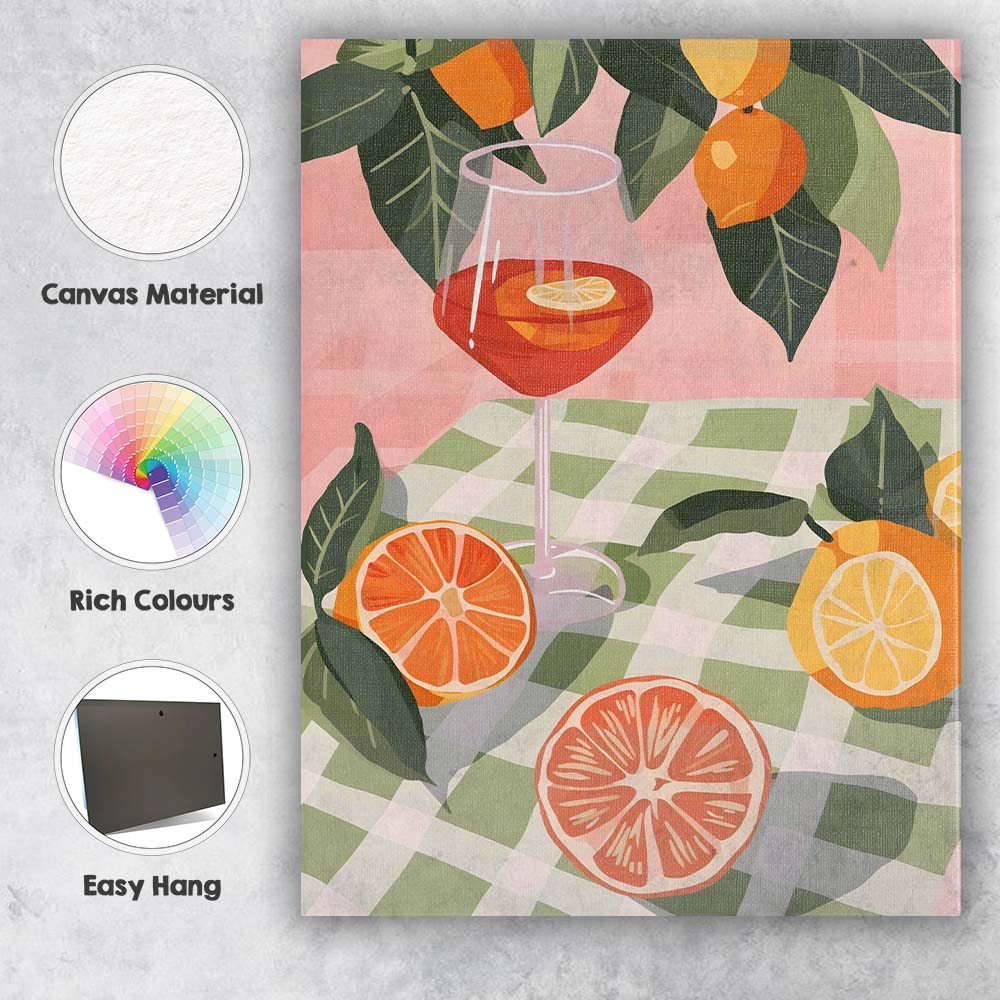 Modern Citrus Picnic Wine Glass Fruit Illustration Canvas Wall Art Print Decor Picture Ready to Hang