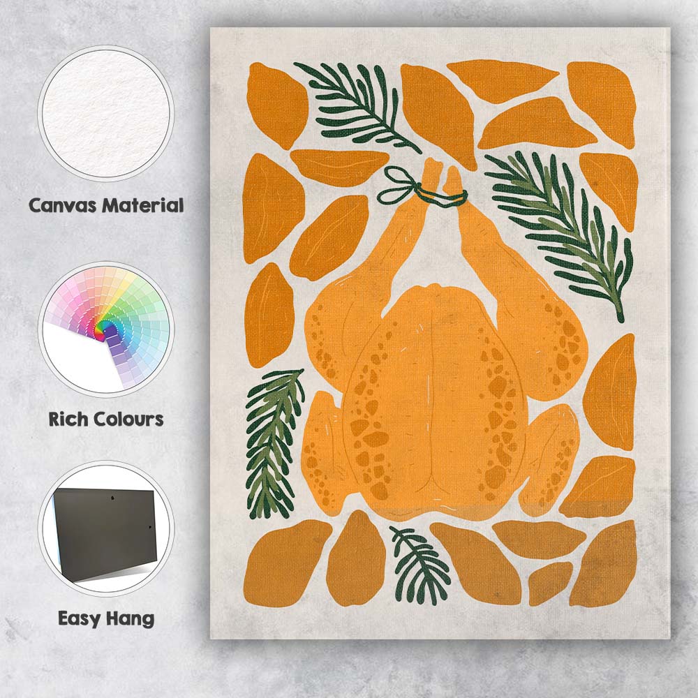 Whole Roast Chicken Rosemary Herb Kitchen Illustration Canvas Wall Art Print Decor Picture Ready to Hang