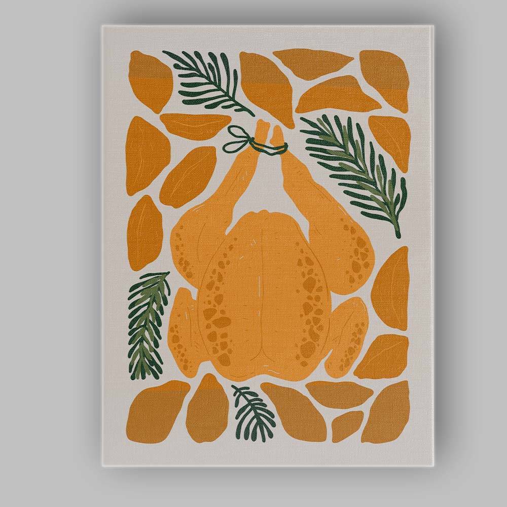 Whole Roast Chicken Rosemary Herb Kitchen Illustration Canvas Wall Art Print Decor Picture Ready to Hang