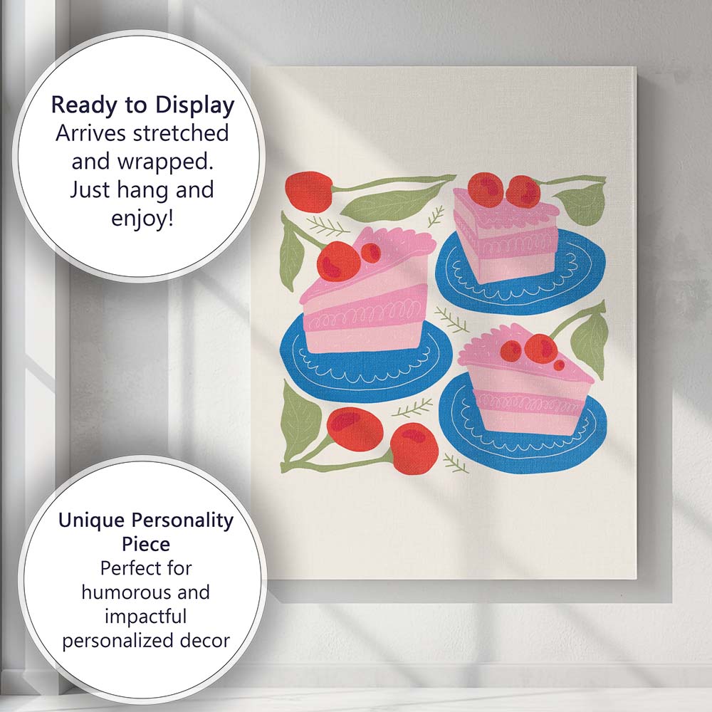 Cherry Cake Slices Sweet Dessert Kitchen Illustration Canvas Wall Art Print Decor Picture Ready to Hang