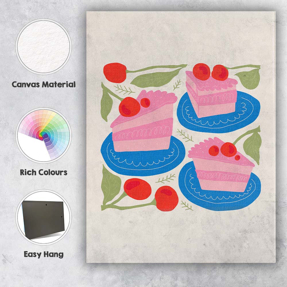 Cherry Cake Slices Sweet Dessert Kitchen Illustration Canvas Wall Art Print Decor Picture Ready to Hang