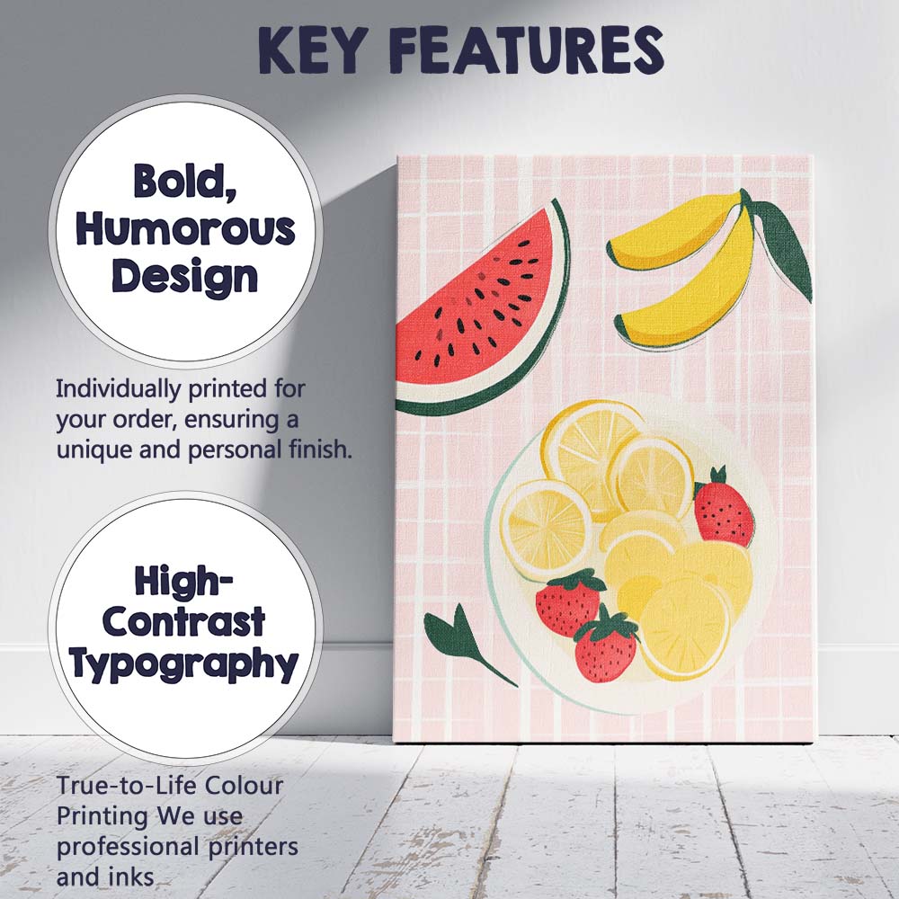 Pastel Citrus Banana Strawberry Fruit Bowl Kitchen Illustration Canvas Wall Art Print Decor Picture Ready to Hang