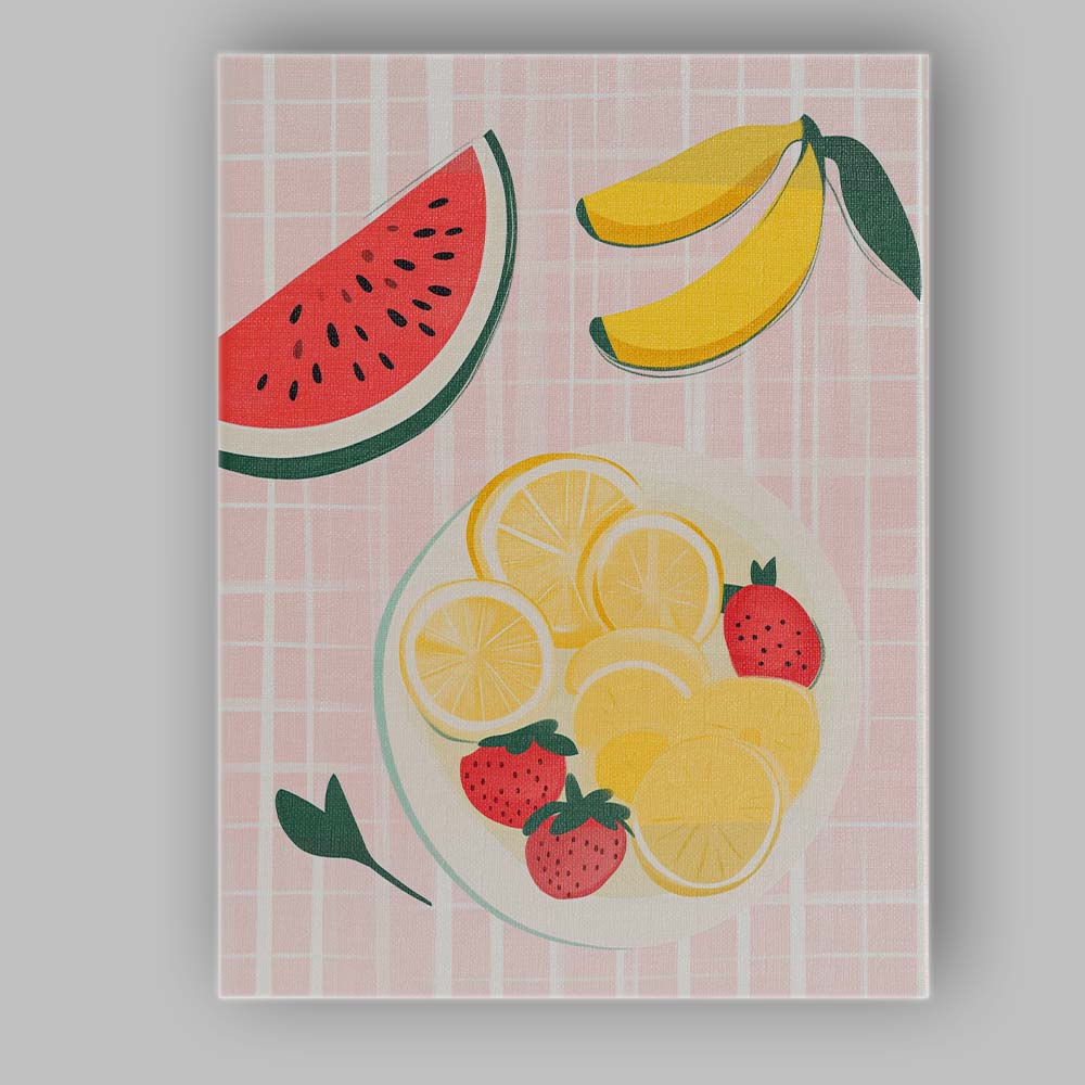 Pastel Citrus Banana Strawberry Fruit Bowl Kitchen Illustration Canvas Wall Art Print Decor Picture Ready to Hang