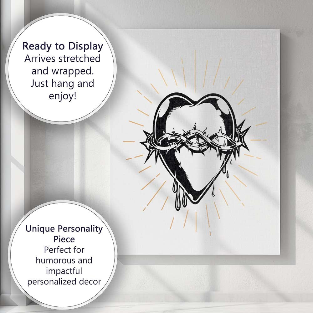 Sacred Heart With Crown of Thorns Gothic Line Art Canvas Wall Art Print Decor Picture Ready to Hang