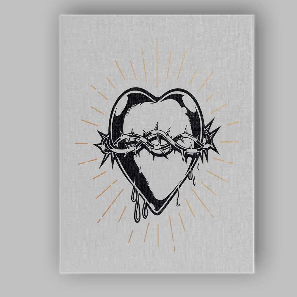 Sacred Heart With Crown of Thorns Gothic Line Art Canvas Wall Art Print Decor Picture Ready to Hang