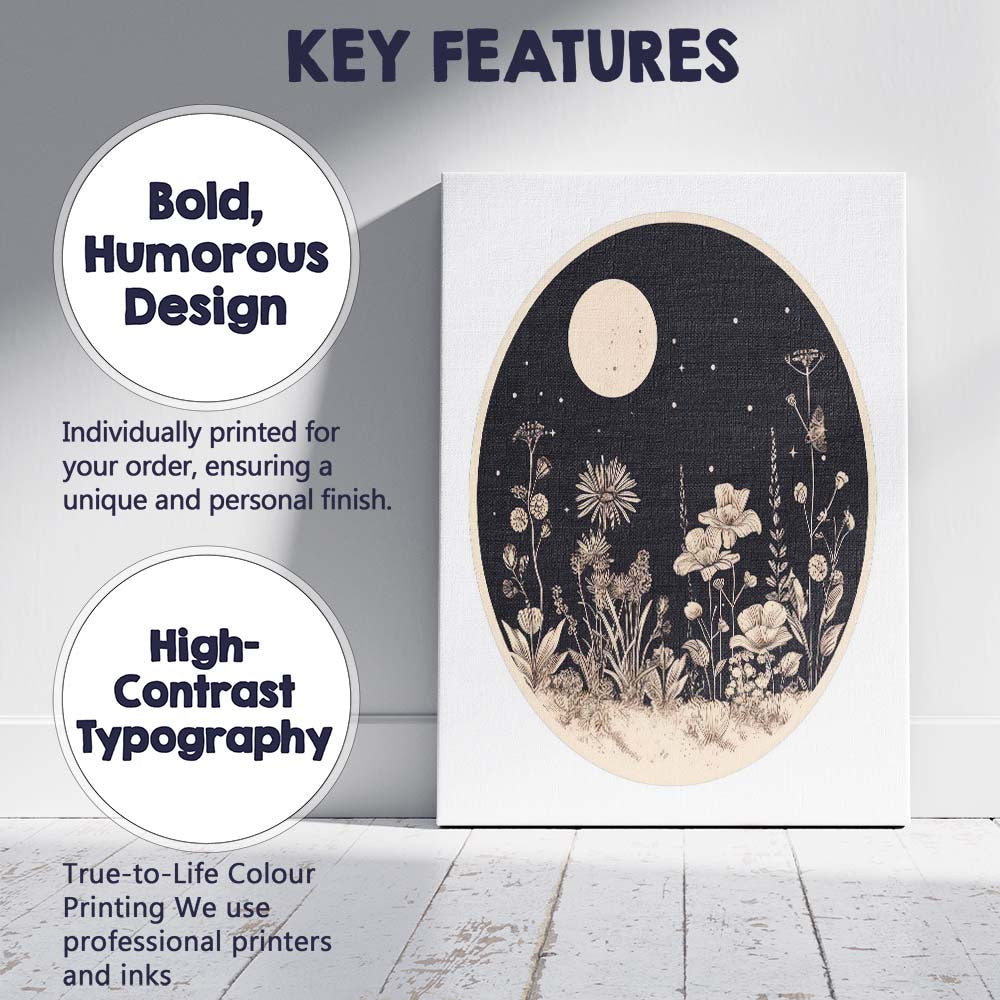 Moonlit Wildflower Meadow Botanical Night Circle Illustration Canvas Wall Art Print Decor Picture Ready to Hang