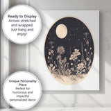 Moonlit Wildflower Meadow Botanical Night Circle Illustration Canvas Wall Art Print Decor Picture Ready to Hang