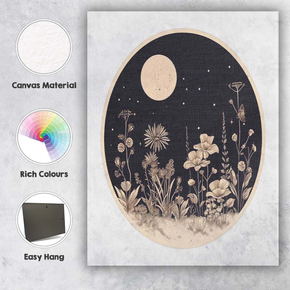 Moonlit Wildflower Meadow Botanical Night Circle Illustration Canvas Wall Art Print Decor Picture Ready to Hang