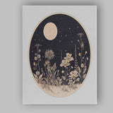 Moonlit Wildflower Meadow Botanical Night Circle Illustration Canvas Wall Art Print Decor Picture Ready to Hang