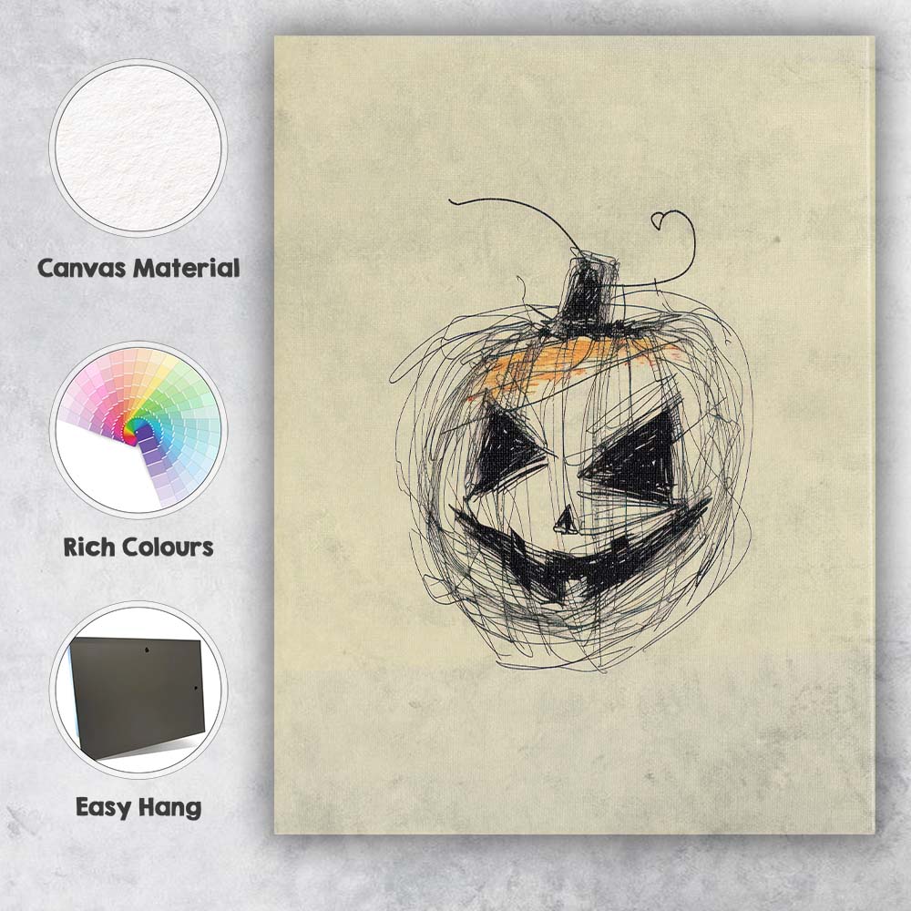 Spooky Sketch Style Jack O Lantern Halloween Pumpkin Canvas Wall Art Print Decor Picture Ready to Hang