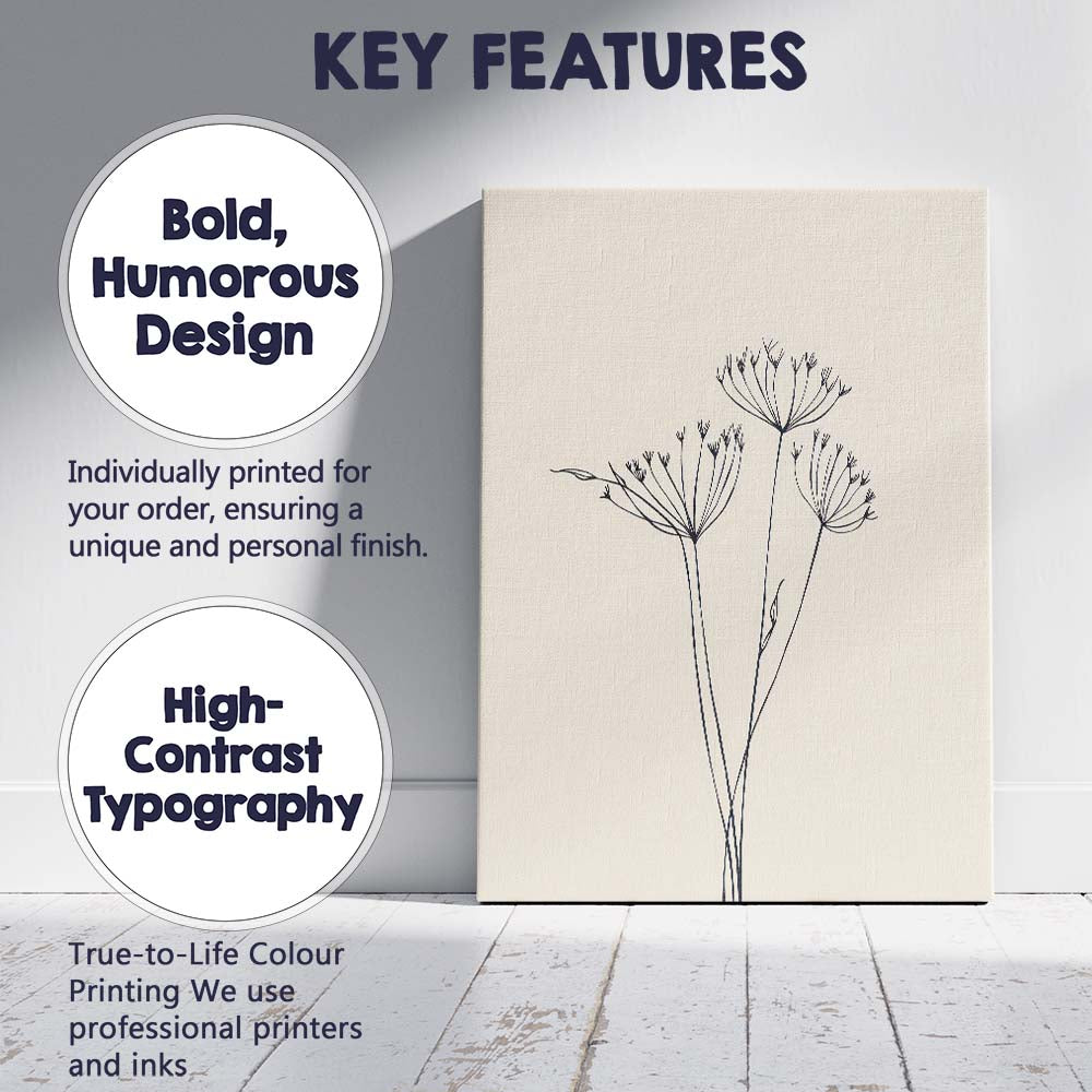 Minimalist Wildflower Seed Head Botanical Line Drawing Canvas Wall Art Print Decor Picture Ready to Hang