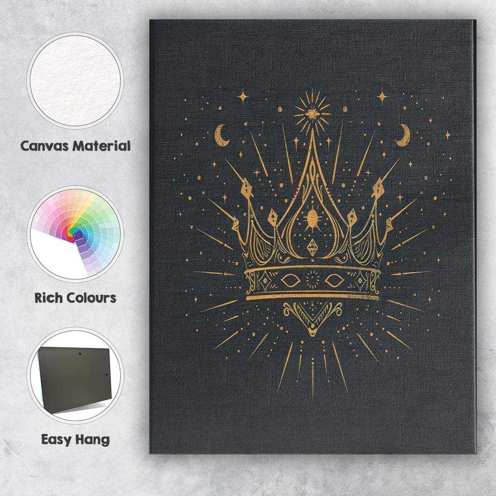 Mystical Golden Royal Crown Celestial Stars Line Art Canvas Wall Art Print Decor Picture Ready to Hang