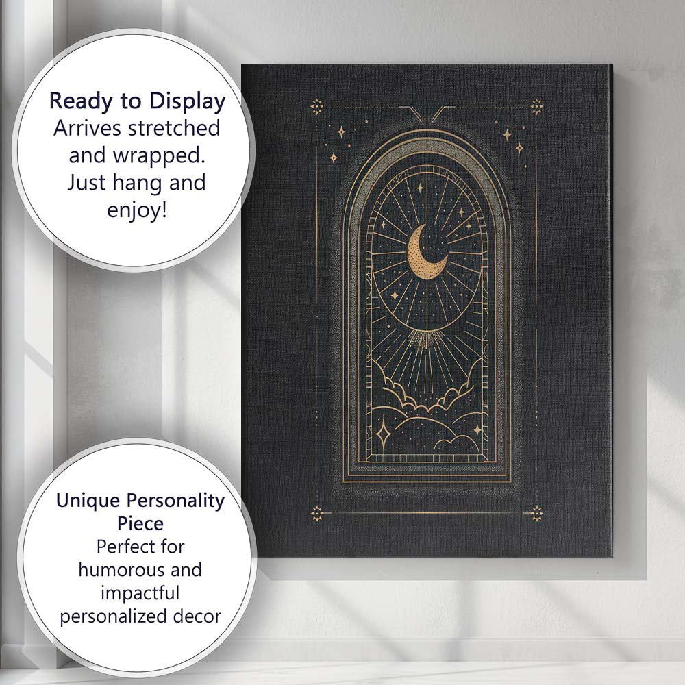 Sacred Crescent Moon Celestial Window Gold Line Art Canvas Wall Art Print Decor Picture Ready to Hang