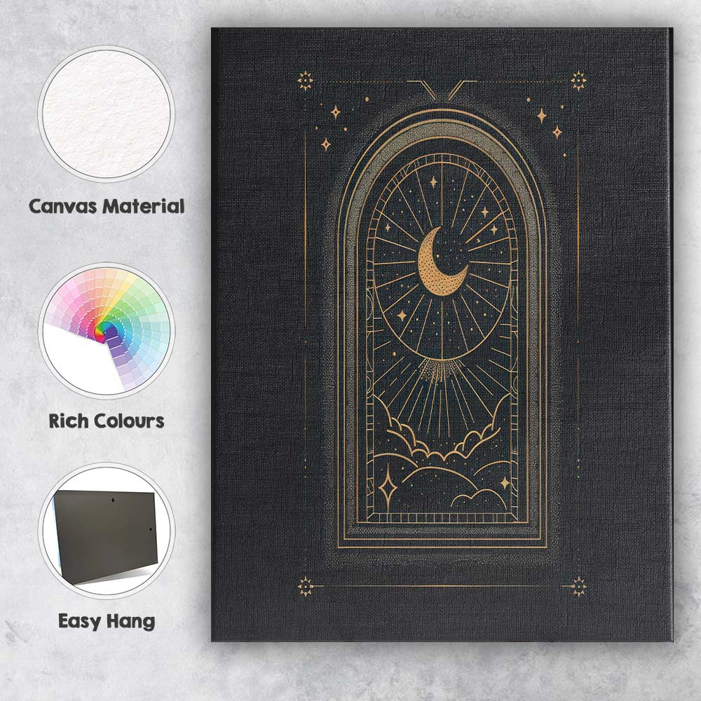 Sacred Crescent Moon Celestial Window Gold Line Art Canvas Wall Art Print Decor Picture Ready to Hang