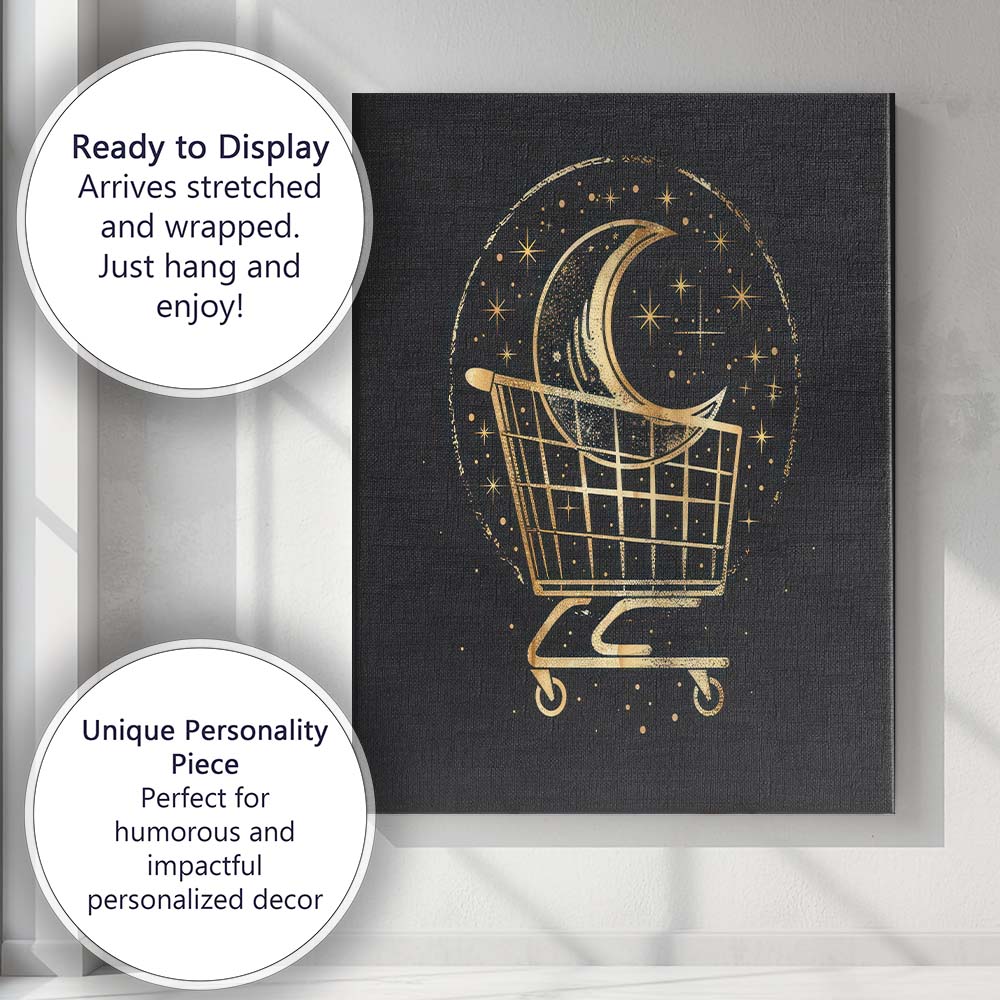 Golden Crescent Moon Shopping Trolley Celestial Line Art Canvas Wall Art Print Decor Picture Ready to Hang