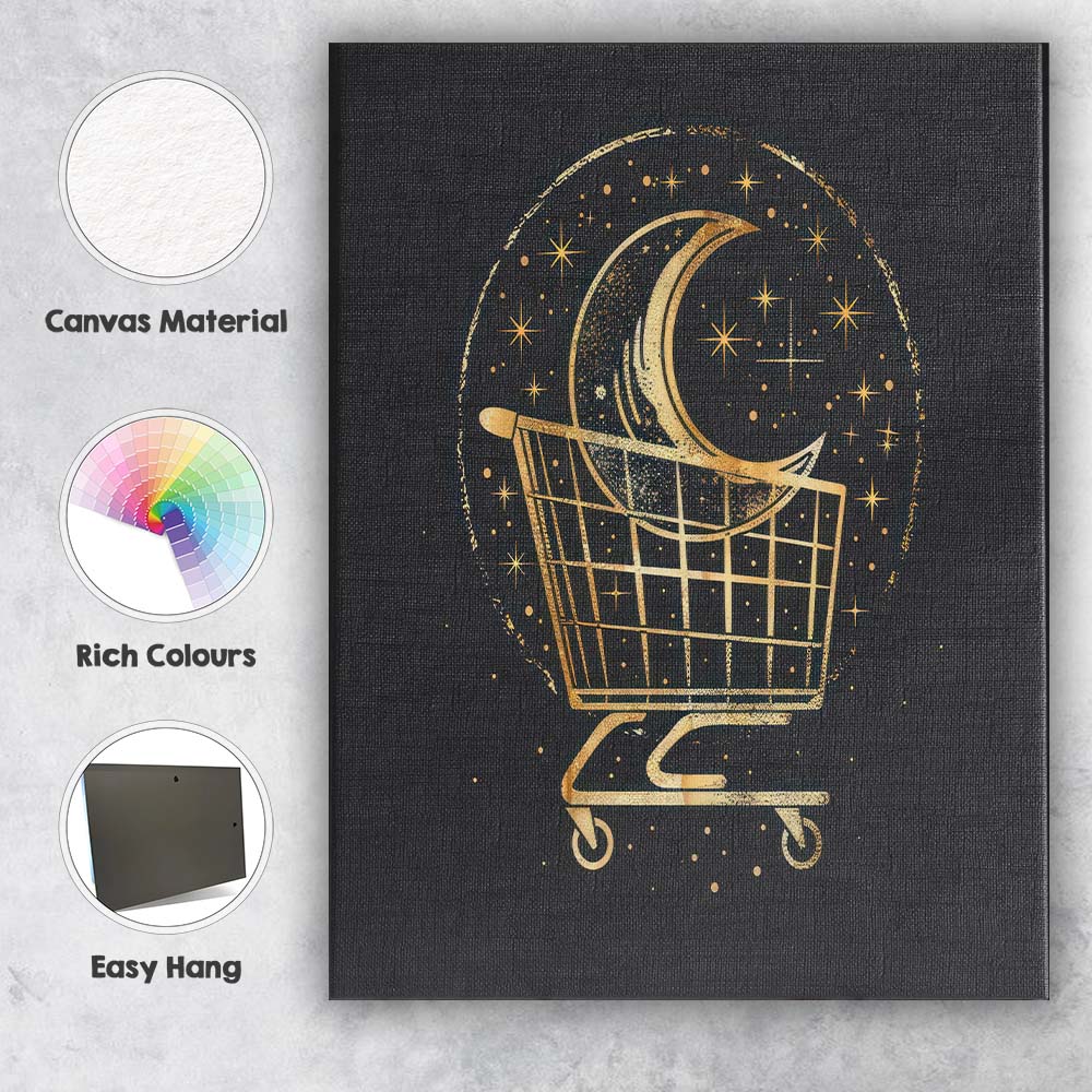 Golden Crescent Moon Shopping Trolley Celestial Line Art Canvas Wall Art Print Decor Picture Ready to Hang