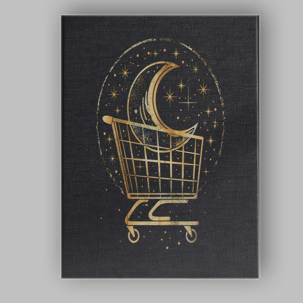 Golden Crescent Moon Shopping Trolley Celestial Line Art Canvas Wall Art Print Decor Picture Ready to Hang
