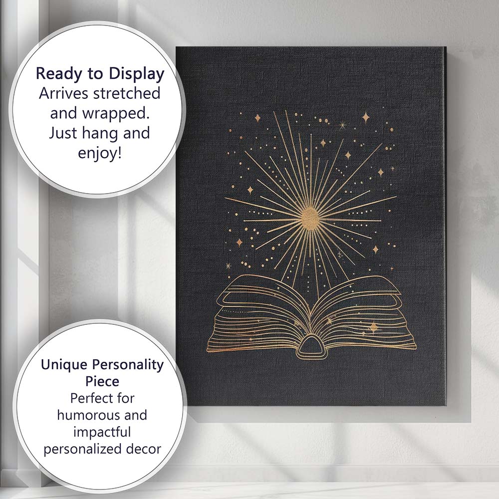 Magical Open Book Celestial Knowledge Gold Line Art Canvas Wall Art Print Decor Picture Ready to Hang