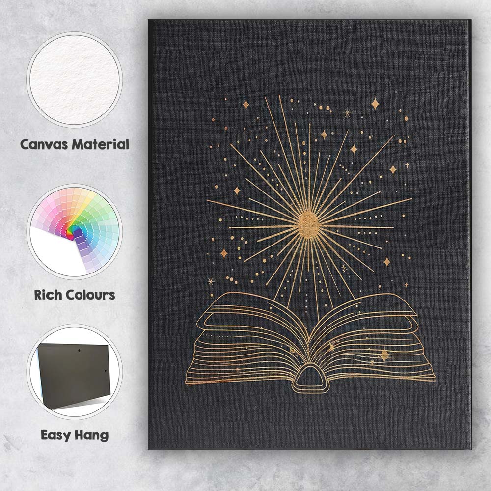 Magical Open Book Celestial Knowledge Gold Line Art Canvas Wall Art Print Decor Picture Ready to Hang