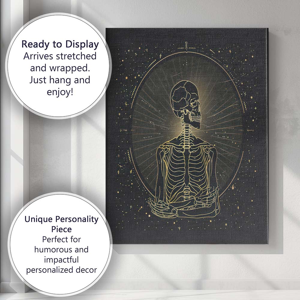 Meditating Skeleton Spiritual Gold Line Art Canvas Wall Art Print Decor Picture Ready to Hang