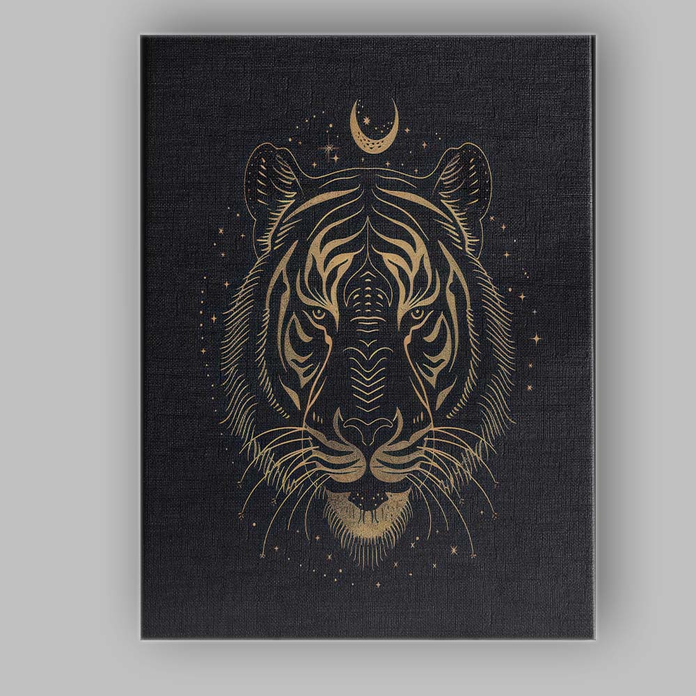 Mystical Tiger Head Crescent Moon Gold Line Art Canvas Wall Art Print Decor Picture Ready to Hang