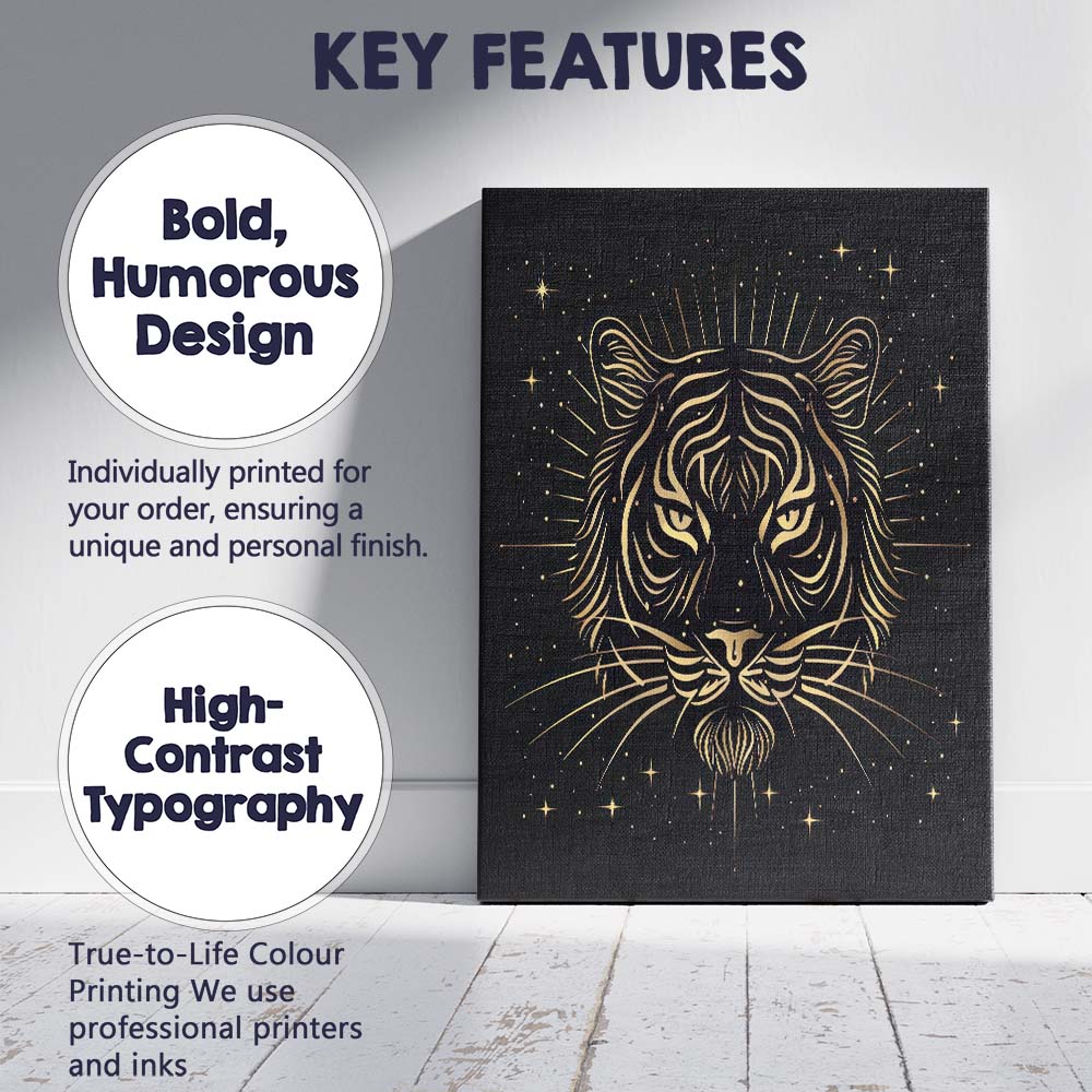 Sacred Tiger Face Celestial Gold Line Art Canvas Wall Art Print Decor Picture Ready to Hang