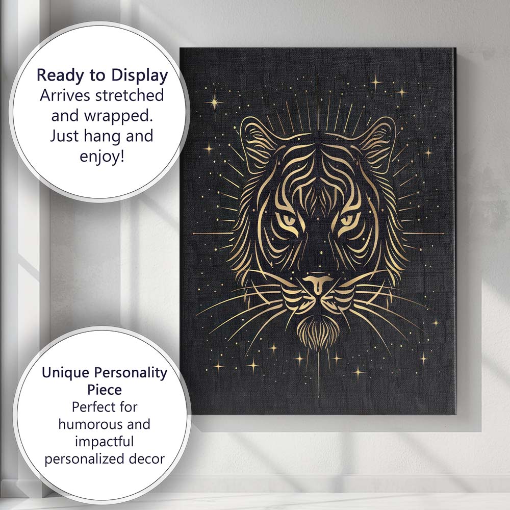 Sacred Tiger Face Celestial Gold Line Art Canvas Wall Art Print Decor Picture Ready to Hang