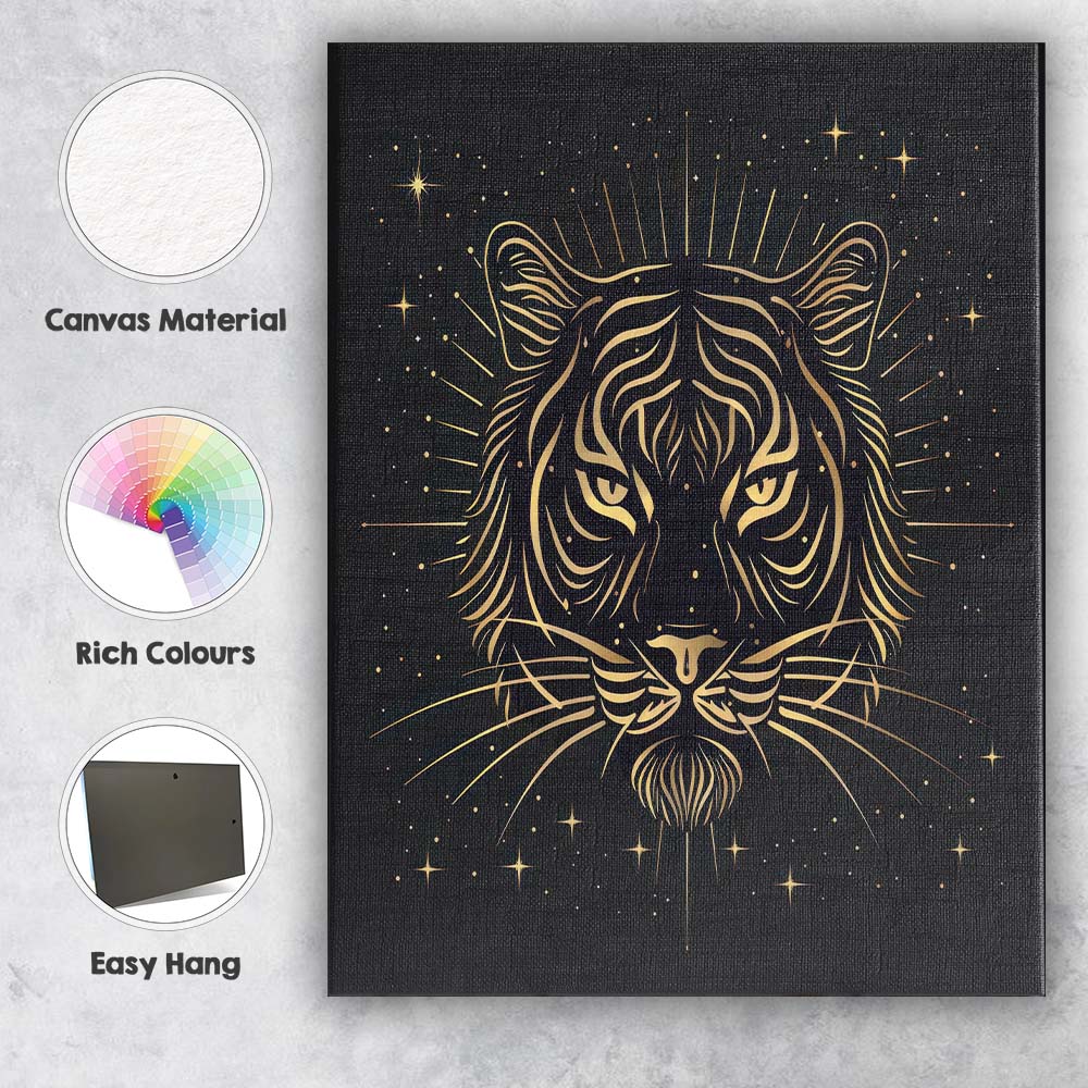 Sacred Tiger Face Celestial Gold Line Art Canvas Wall Art Print Decor Picture Ready to Hang