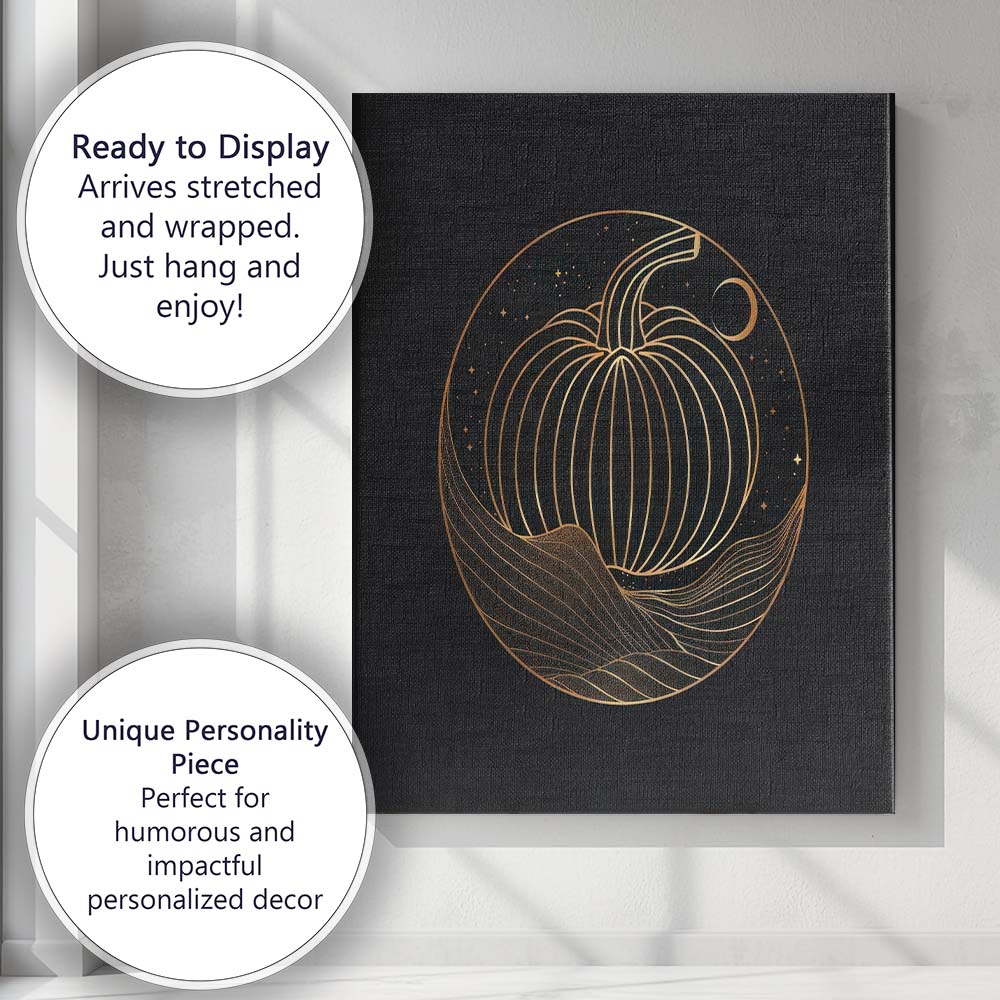 Celestial Pumpkin Gold Line Art Moonlit Landscape Canvas Wall Art Print Decor Picture Ready to Hang