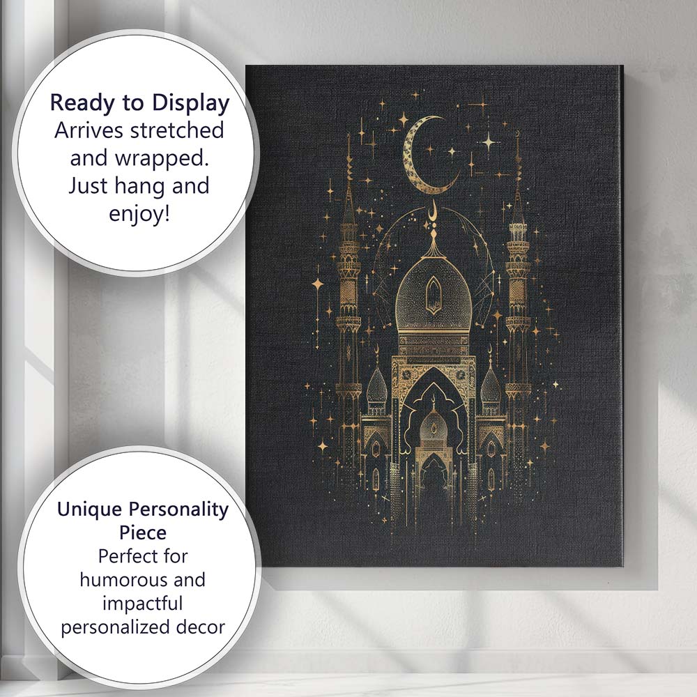 Islamic Mosque Crescent Moon Gold Line Art Canvas Wall Art Print Decor Picture Ready to Hang