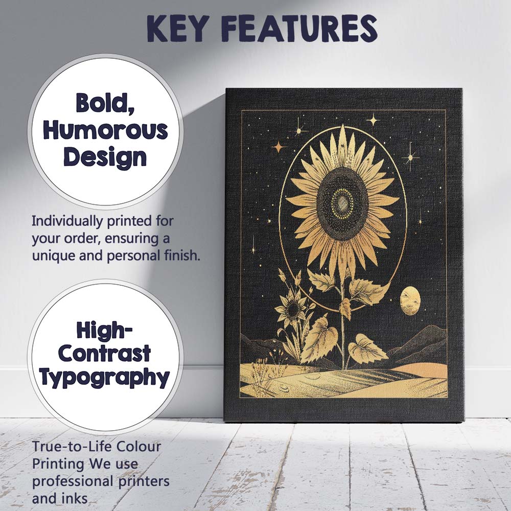 Celestial Sunflower Gold Line Art Night Landscape Canvas Wall Art Print Decor Picture Ready to Hang