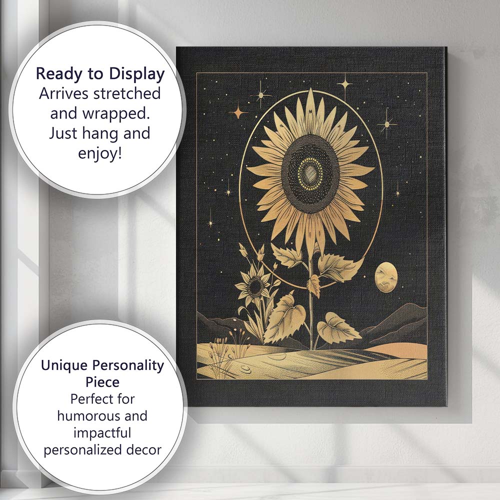 Celestial Sunflower Gold Line Art Night Landscape Canvas Wall Art Print Decor Picture Ready to Hang