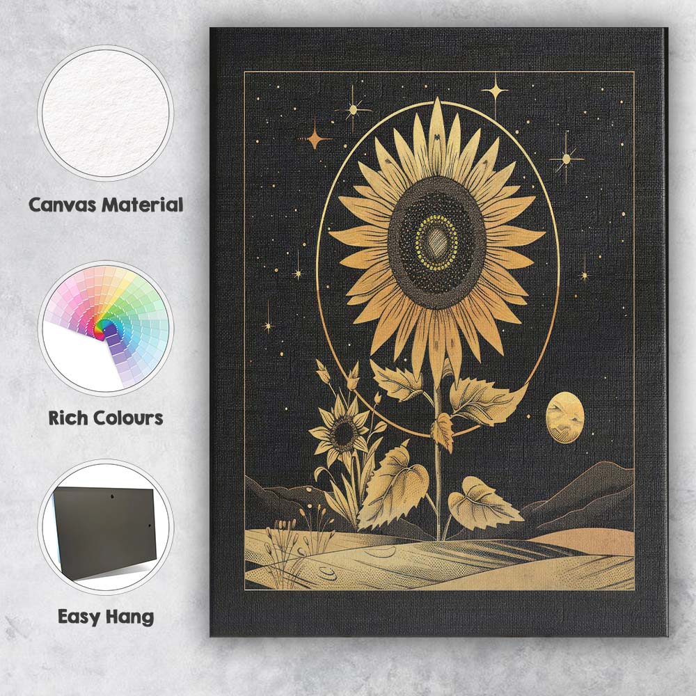 Celestial Sunflower Gold Line Art Night Landscape Canvas Wall Art Print Decor Picture Ready to Hang