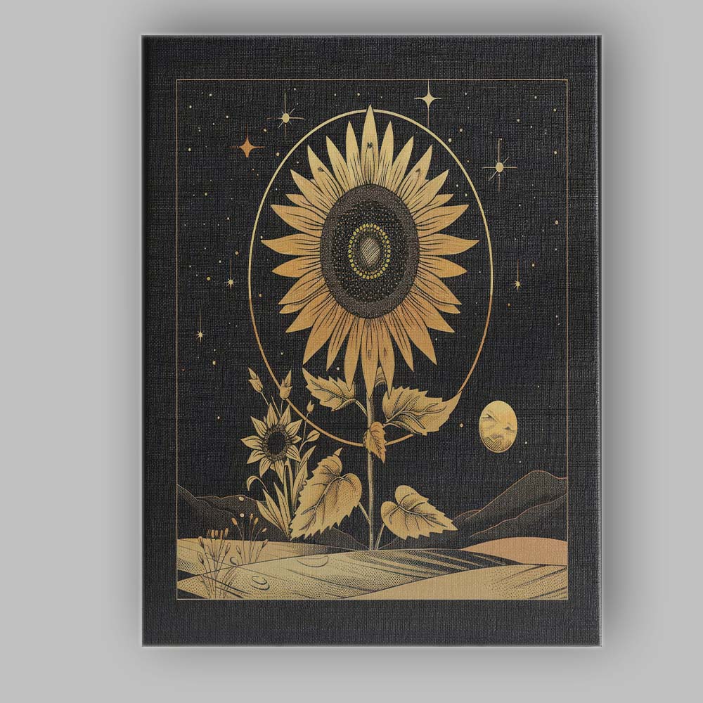 Celestial Sunflower Gold Line Art Night Landscape Canvas Wall Art Print Decor Picture Ready to Hang