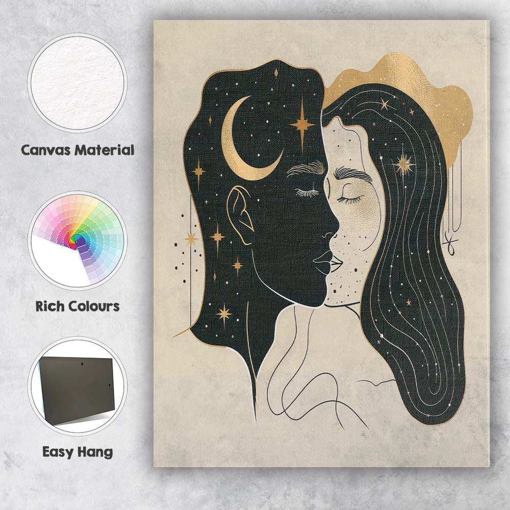 Celestial Sun Moon Dual Face Minimalist Line Art Canvas Wall Art Print Decor Picture Ready to Hang