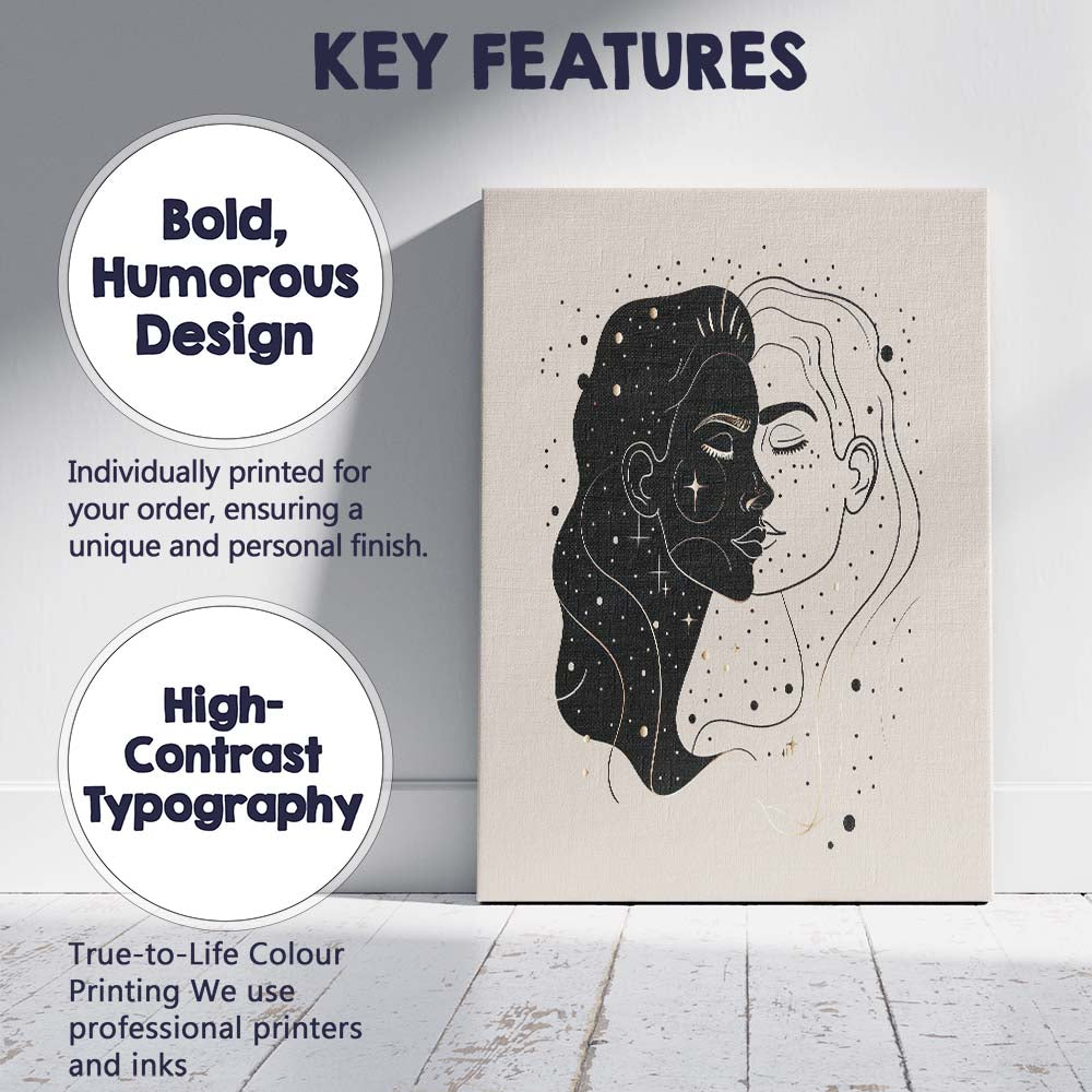 Abstract Cosmic Dual Face Portrait Line Art Canvas Wall Art Print Decor Picture Ready to Hang