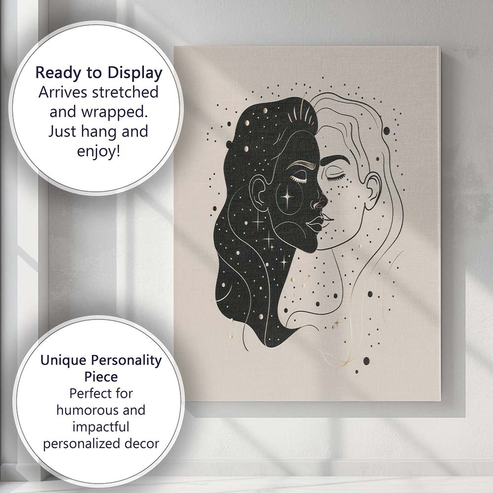 Abstract Cosmic Dual Face Portrait Line Art Canvas Wall Art Print Decor Picture Ready to Hang