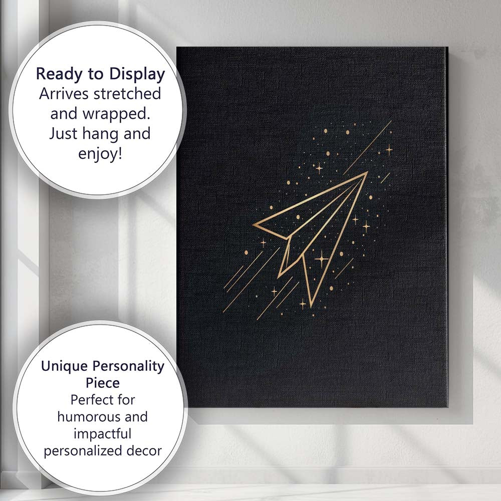 Celestial Paper Airplane Gold Line Art Canvas Wall Art Print Decor Picture Ready to Hang