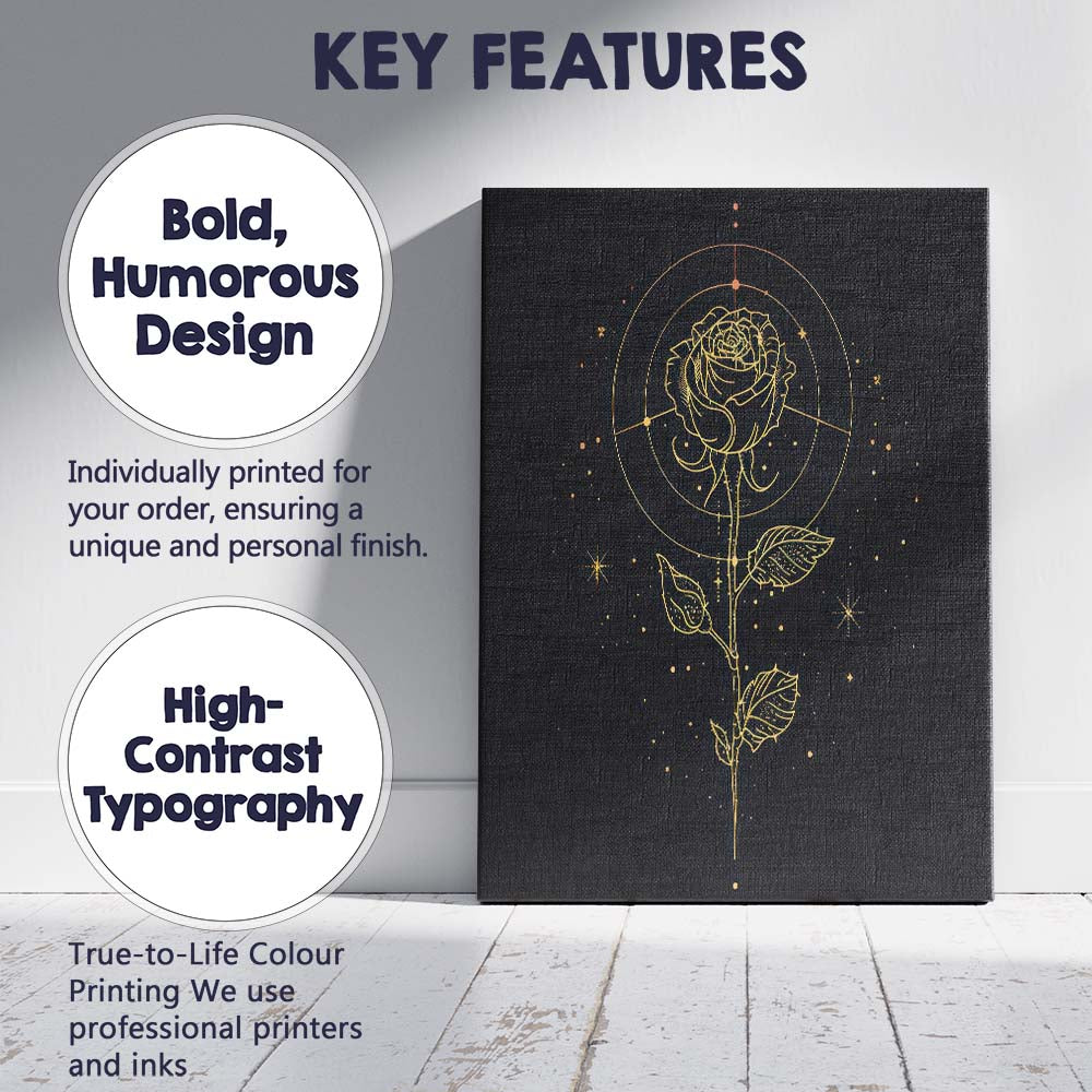Mystical Gold Rose Botanical Line Art Canvas Wall Art Print Decor Picture Ready to Hang