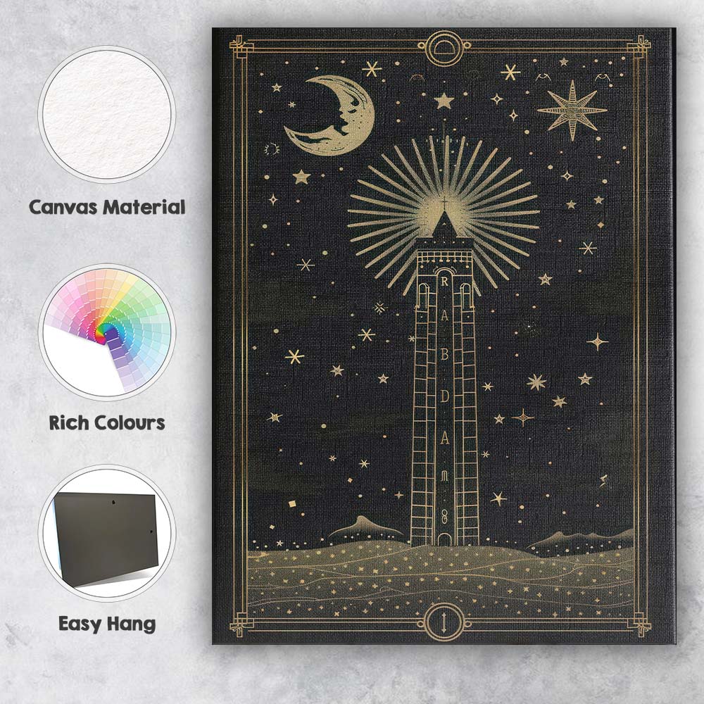 Celestial Moon Lighthouse Night Sky Gold Line Art Canvas Wall Art Print Decor Picture Ready to Hang