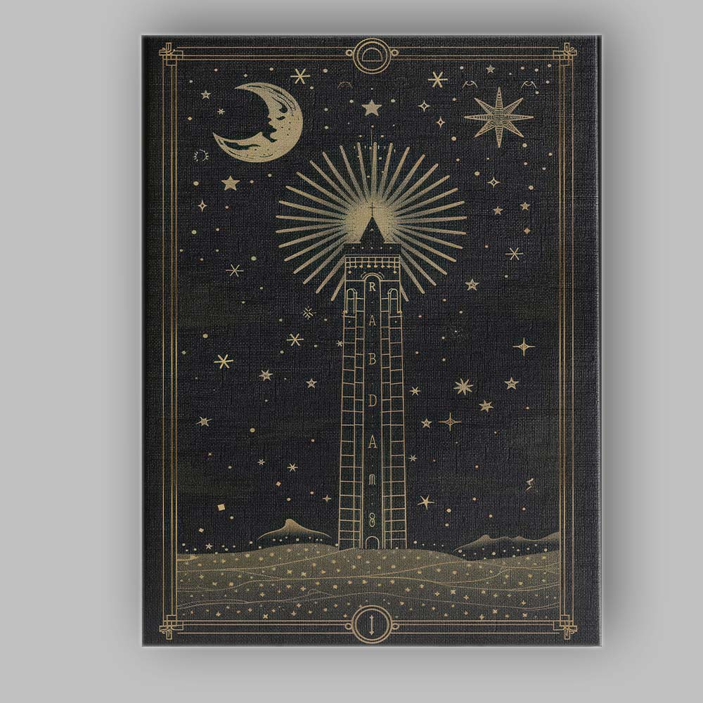 Celestial Moon Lighthouse Night Sky Gold Line Art Canvas Wall Art Print Decor Picture Ready to Hang