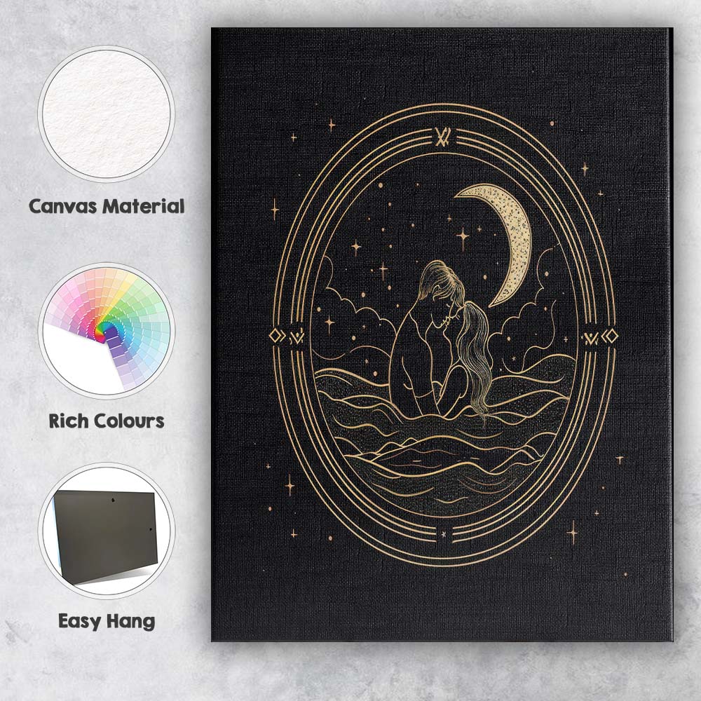 Romantic Couple Embrace Moonlit Night Line Art Canvas Wall Art Print Decor Picture Ready to Hang